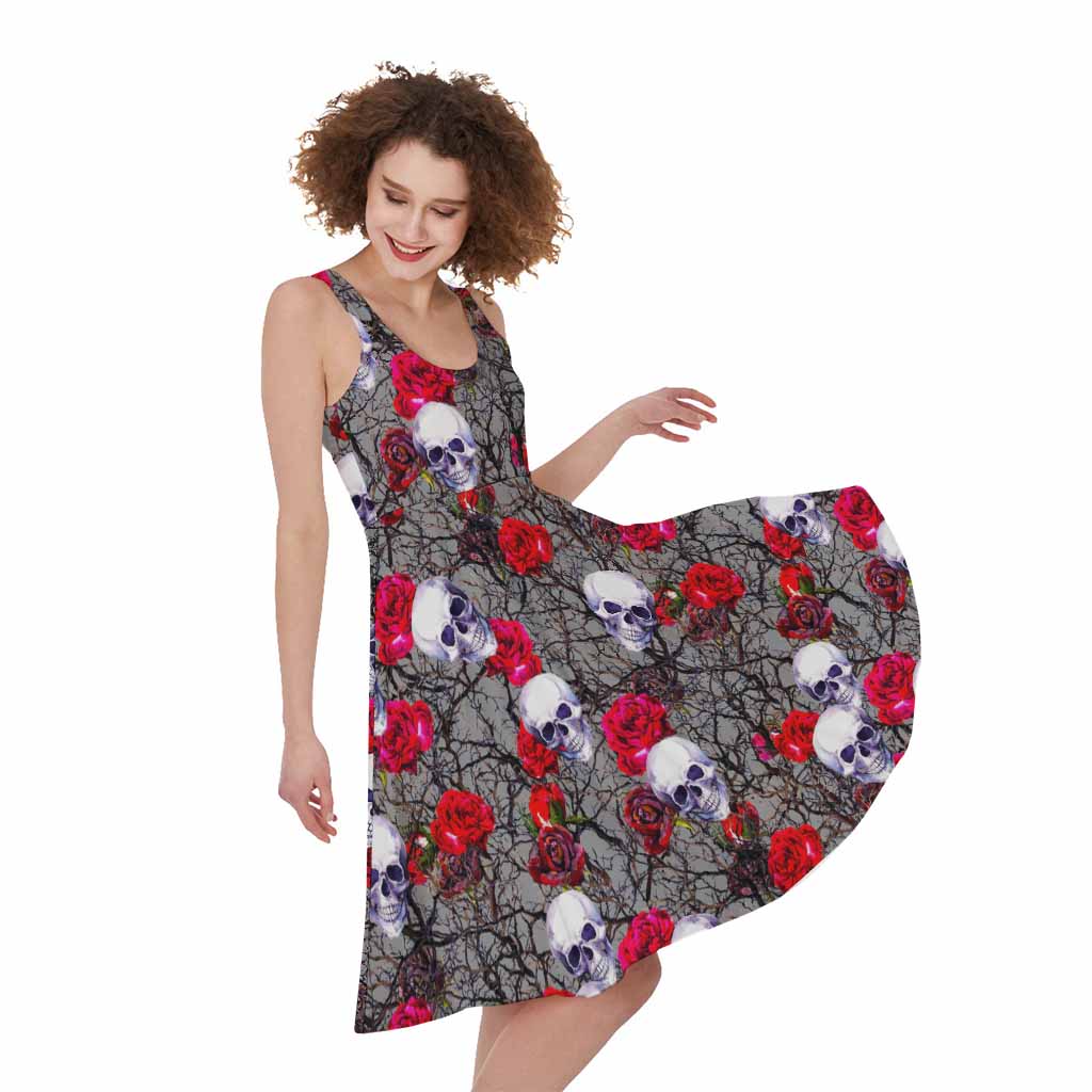 Rose Branch Skull Pattern Print Women's Sleeveless Dress