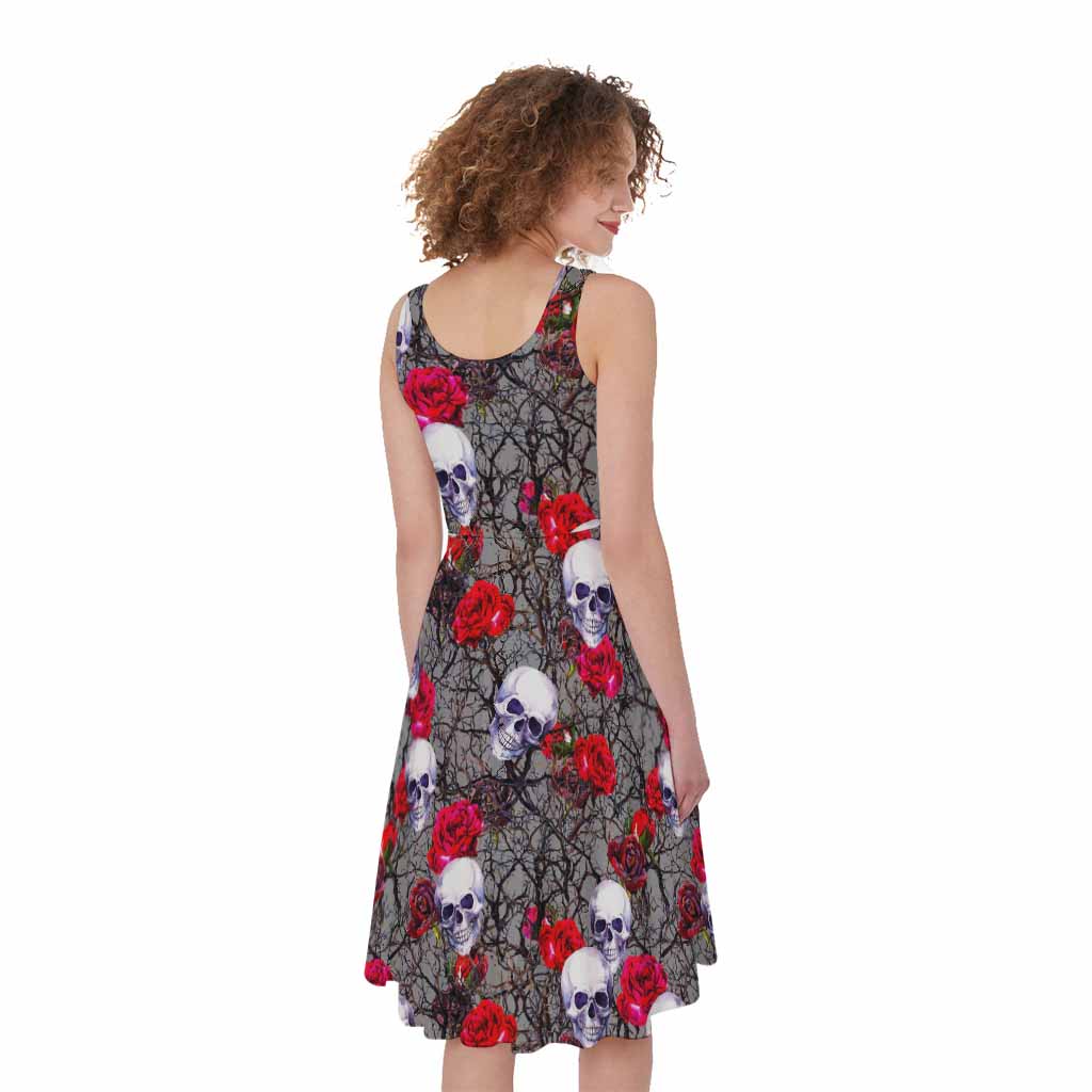 Rose Branch Skull Pattern Print Women's Sleeveless Dress