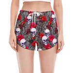 Rose Branch Skull Pattern Print Women's Split Running Shorts