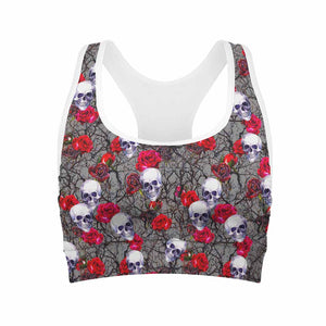 Rose Branch Skull Pattern Print Women's Sports Bra