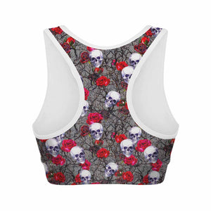 Rose Branch Skull Pattern Print Women's Sports Bra