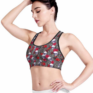 Rose Branch Skull Pattern Print Women's Sports Bra