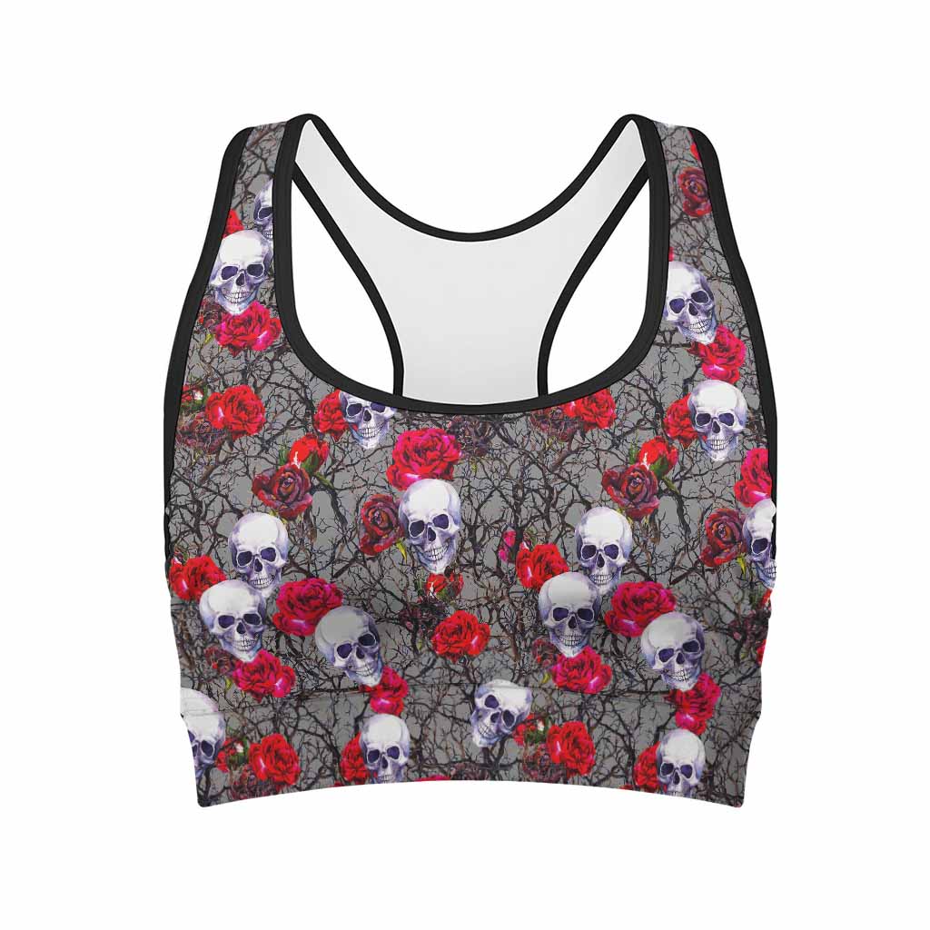 Rose Branch Skull Pattern Print Women's Sports Bra