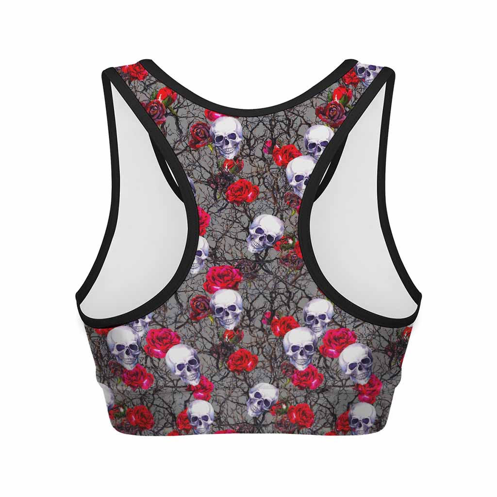 Rose Branch Skull Pattern Print Women's Sports Bra