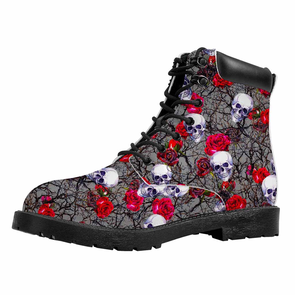 Rose Branch Skull Pattern Print Work Boots