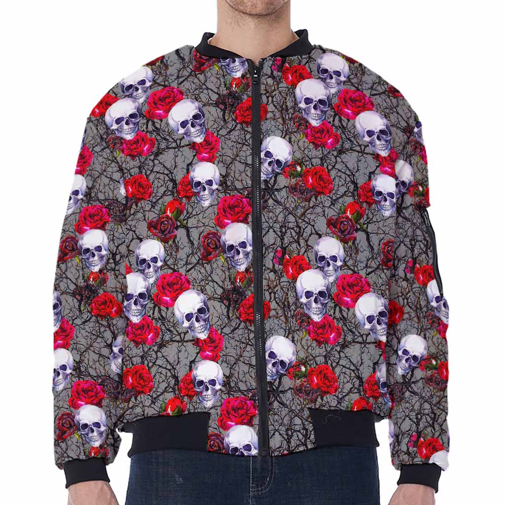 Rose Branch Skull Pattern Print Zip Sleeve Bomber Jacket