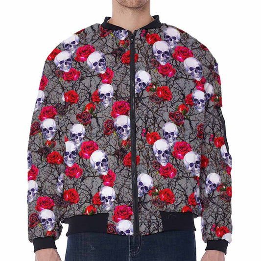 Rose Branch Skull Pattern Print Zip Sleeve Bomber Jacket