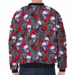 Rose Branch Skull Pattern Print Zip Sleeve Bomber Jacket