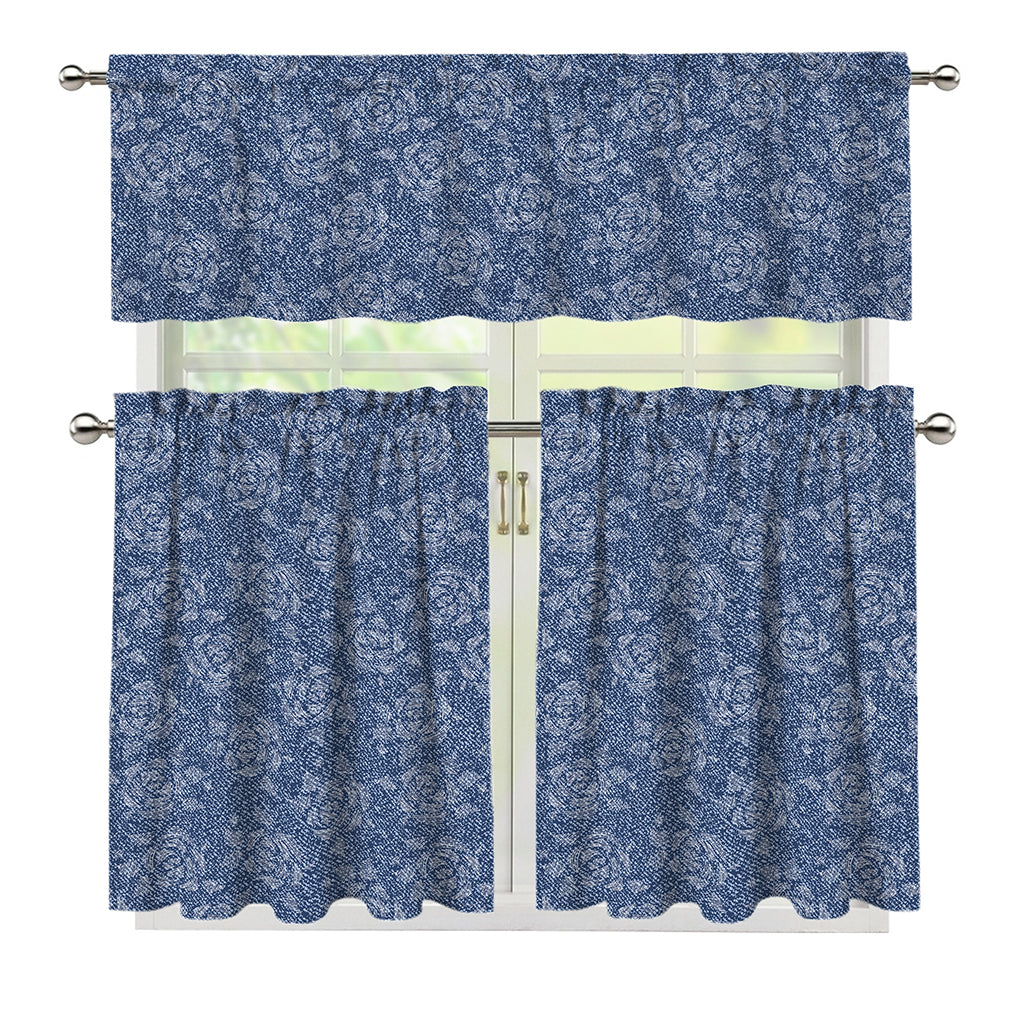 Rose Denim Jeans Pattern Print 3 Piece Kitchen Curtains
