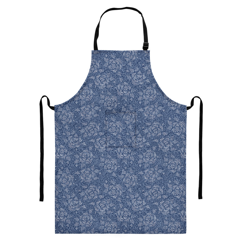 Rose Denim Jeans Pattern Print Bib Apron With Pocket