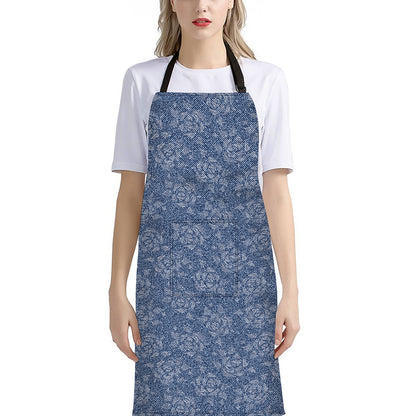 Rose Denim Jeans Pattern Print Bib Apron With Pocket