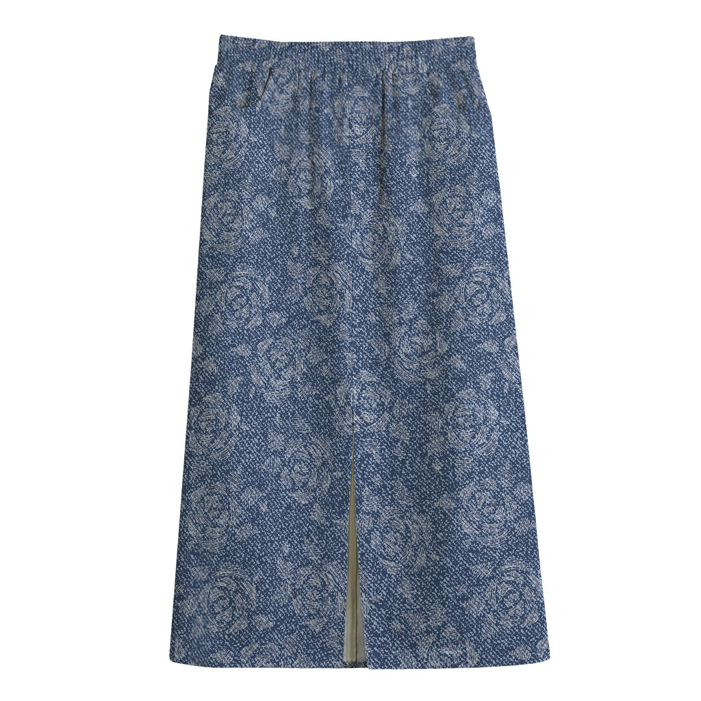 Rose Denim Jeans Pattern Print Cotton Front Slit Maxi Skirt