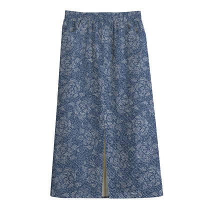 Rose Denim Jeans Pattern Print Cotton Front Slit Maxi Skirt