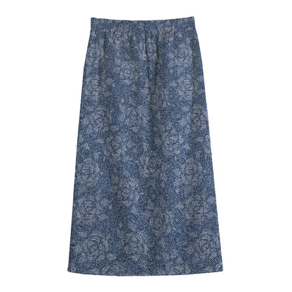 Rose Denim Jeans Pattern Print Cotton Front Slit Maxi Skirt