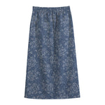Rose Denim Jeans Pattern Print Cotton Front Slit Maxi Skirt