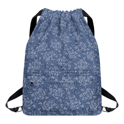 Rose Denim Jeans Pattern Print Drawstring Backpack