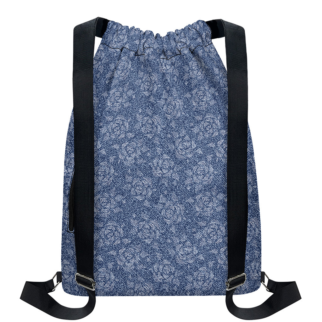 Rose Denim Jeans Pattern Print Drawstring Backpack
