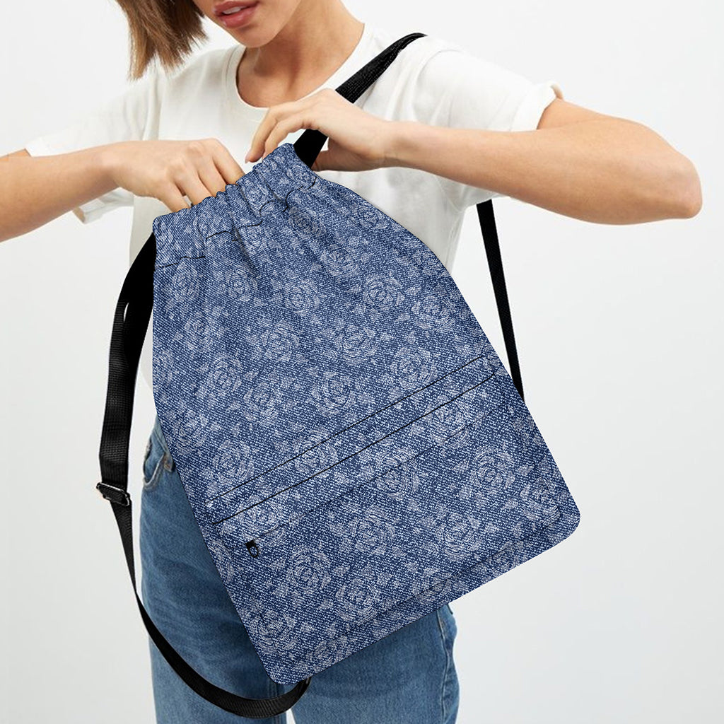 Rose Denim Jeans Pattern Print Drawstring Backpack