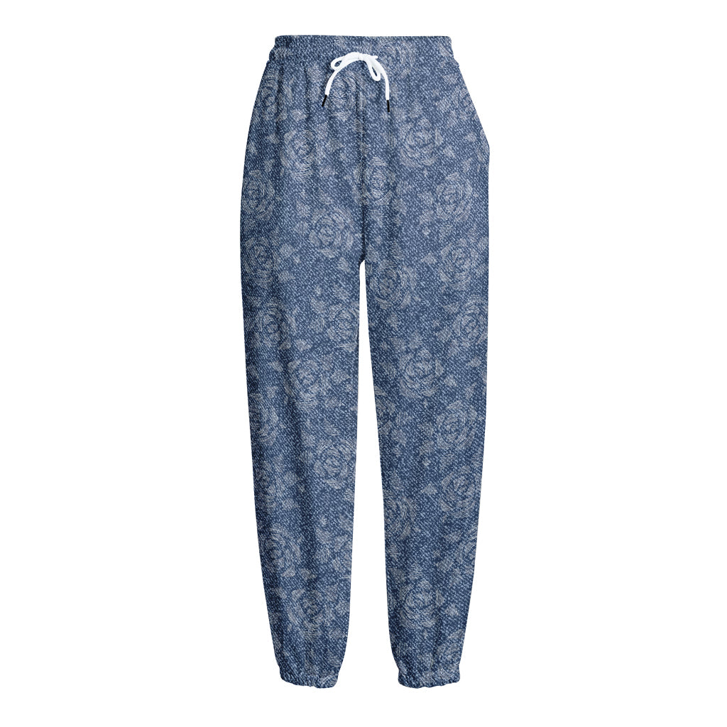 Rose Denim Jeans Pattern Print Fleece Lined Knit Pants
