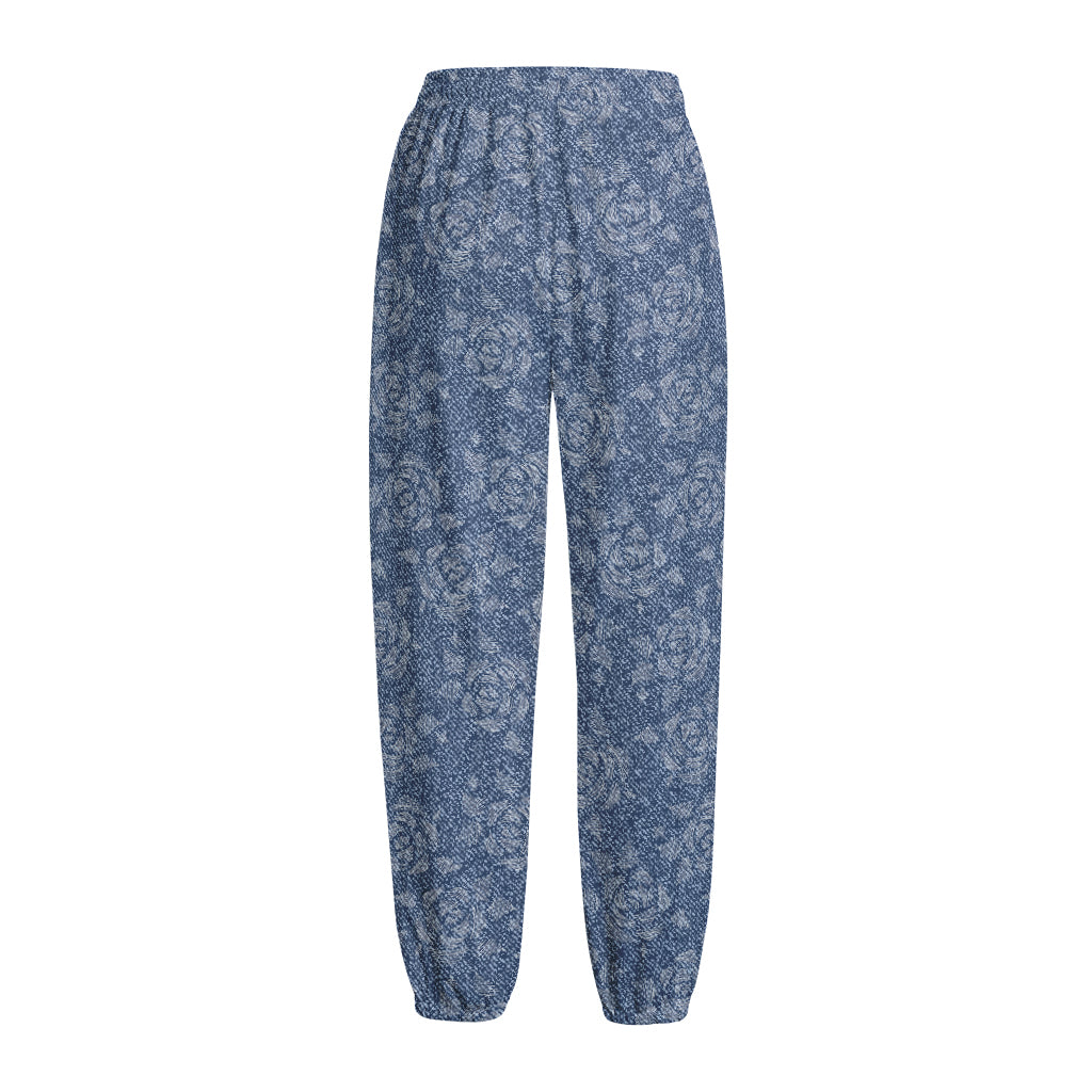 Rose Denim Jeans Pattern Print Fleece Lined Knit Pants