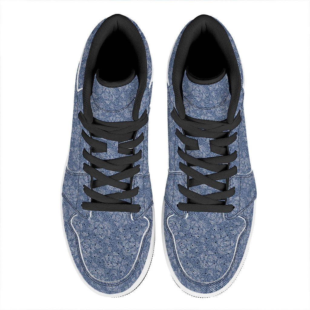 Rose Denim Jeans Pattern Print High Top Leather Sneakers