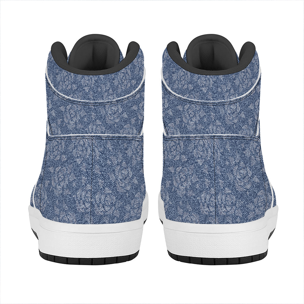 Rose Denim Jeans Pattern Print High Top Leather Sneakers