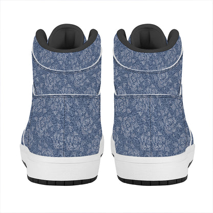 Rose Denim Jeans Pattern Print High Top Leather Sneakers
