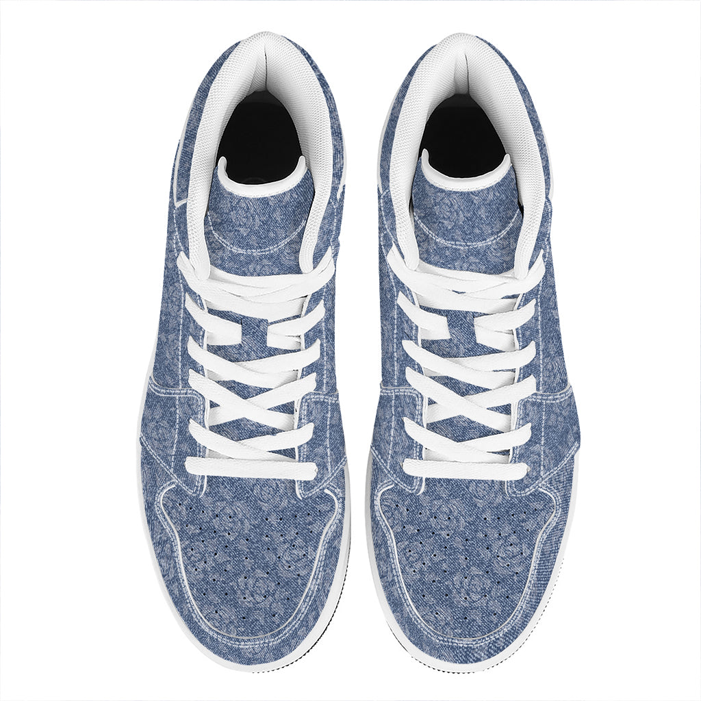Rose Denim Jeans Pattern Print High Top Leather Sneakers