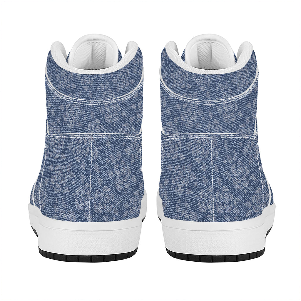 Rose Denim Jeans Pattern Print High Top Leather Sneakers