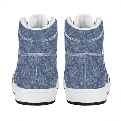 Rose Denim Jeans Pattern Print High Top Leather Sneakers