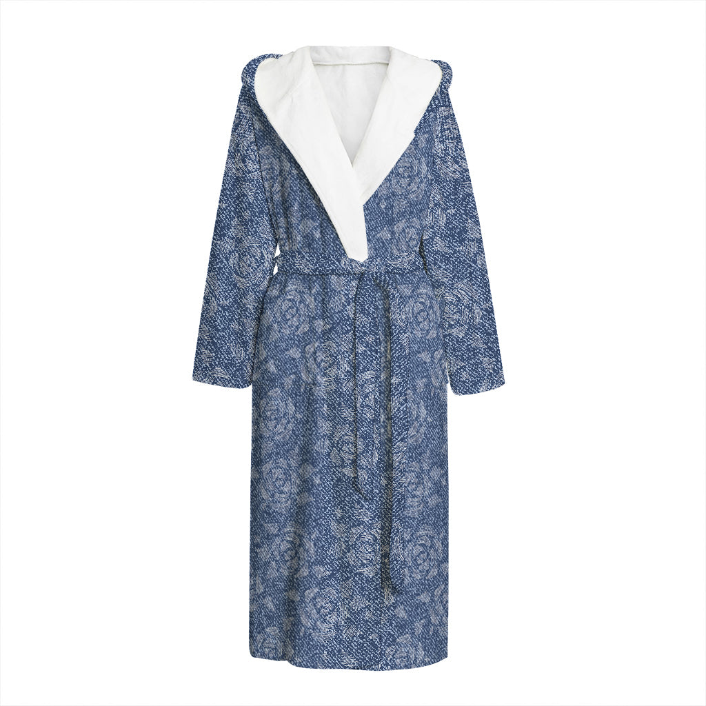 Rose Denim Jeans Pattern Print Hooded Bathrobe