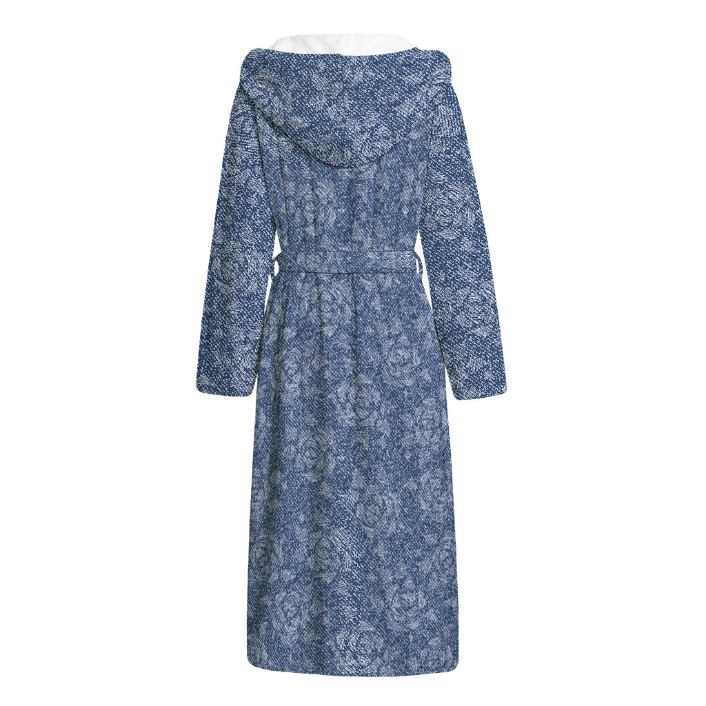 Rose Denim Jeans Pattern Print Hooded Bathrobe