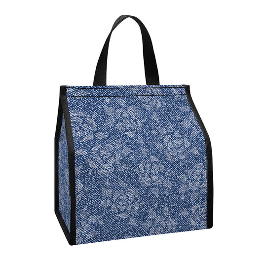 Rose Denim Jeans Pattern Print Insulated Lunch Tote