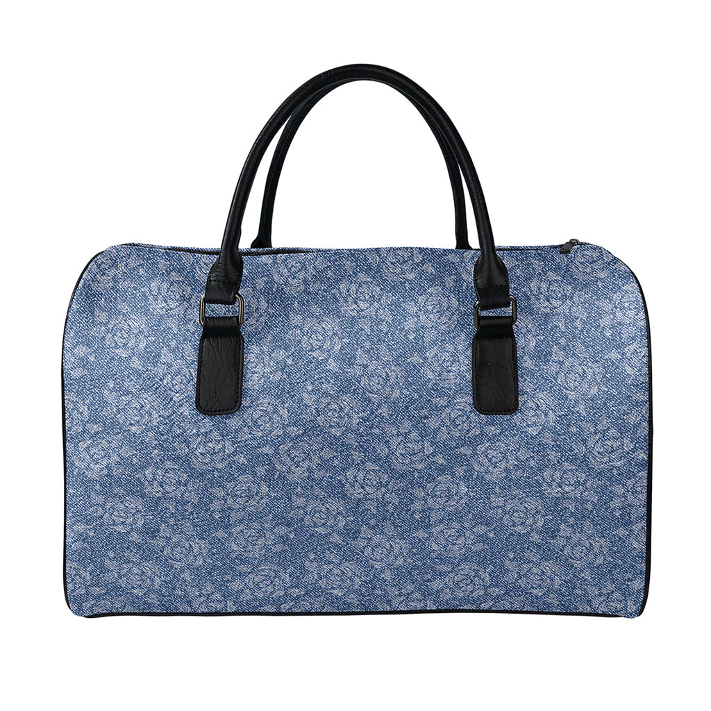 Rose Denim Jeans Pattern Print Leather Duffle Bag