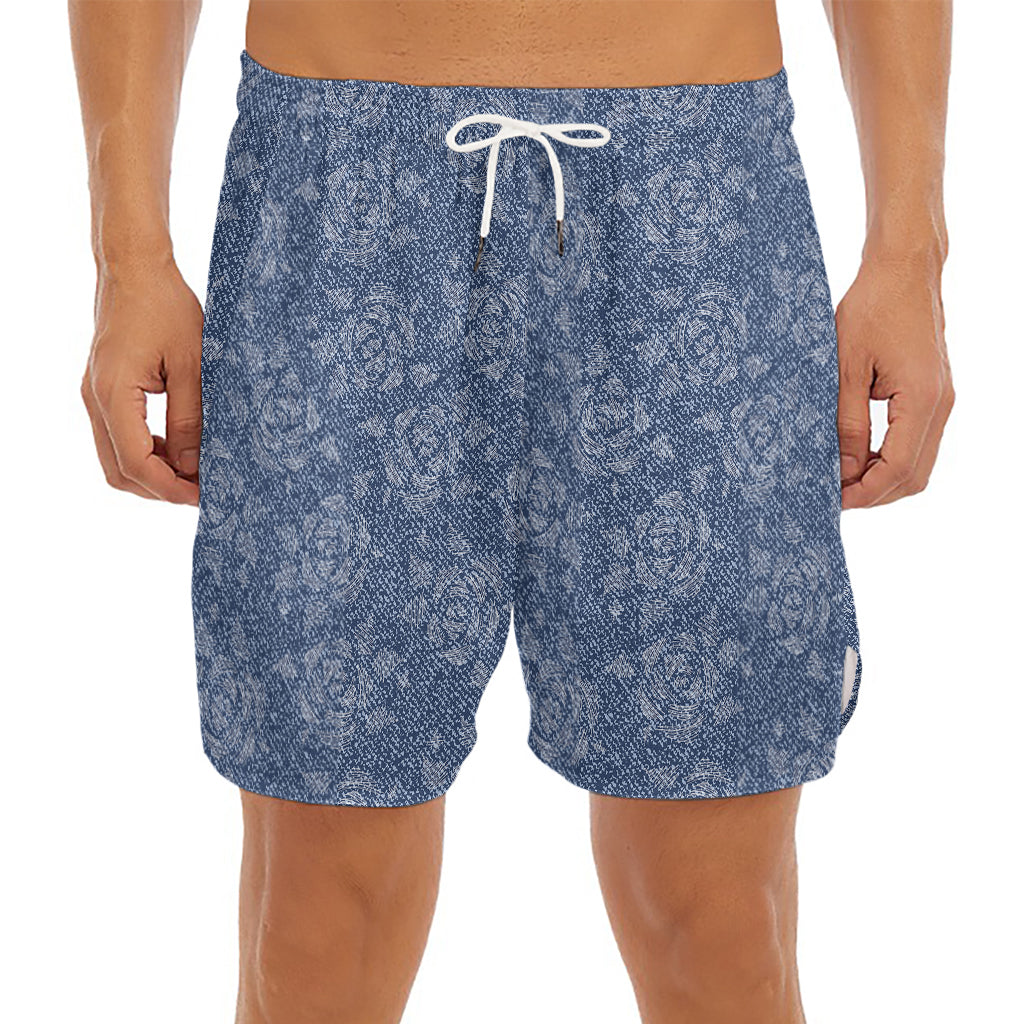 Rose Denim Jeans Pattern Print Men's Split Running Shorts