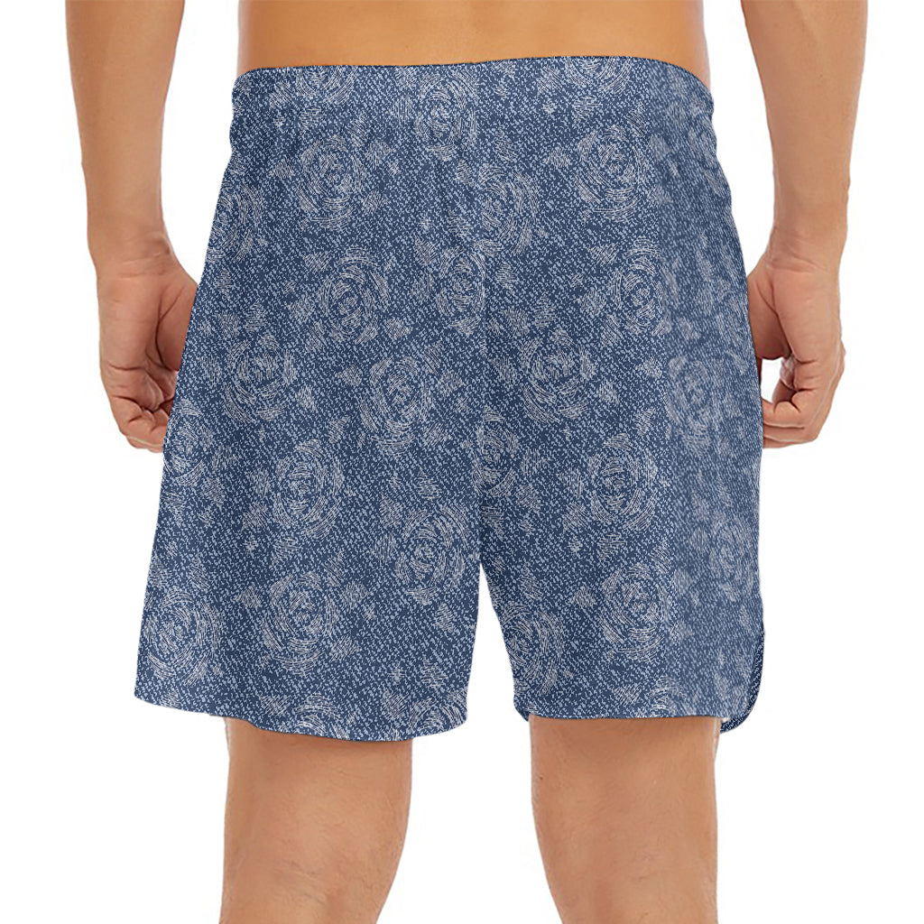 Rose Denim Jeans Pattern Print Men's Split Running Shorts