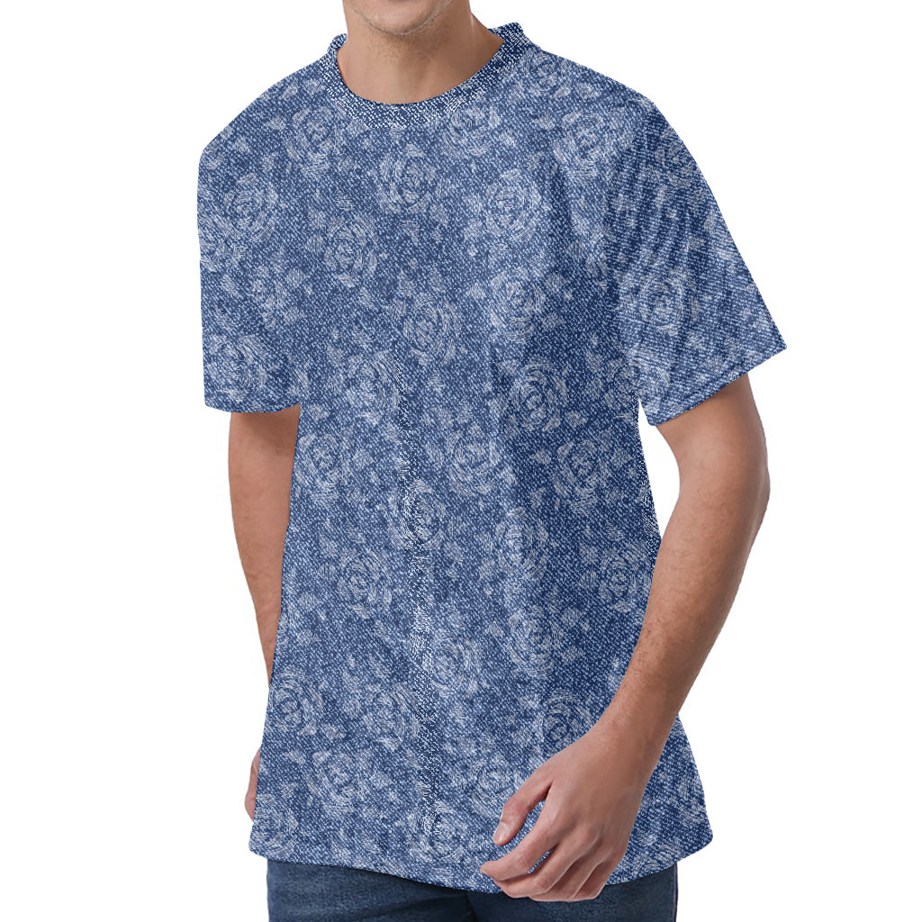 Rose Denim Jeans Pattern Print Men's Velvet T-Shirt