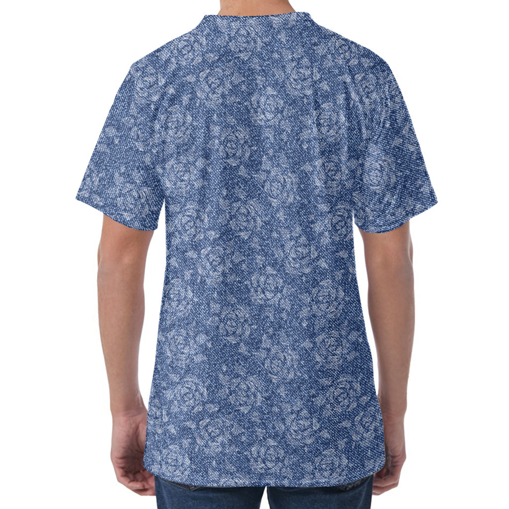 Rose Denim Jeans Pattern Print Men's Velvet T-Shirt