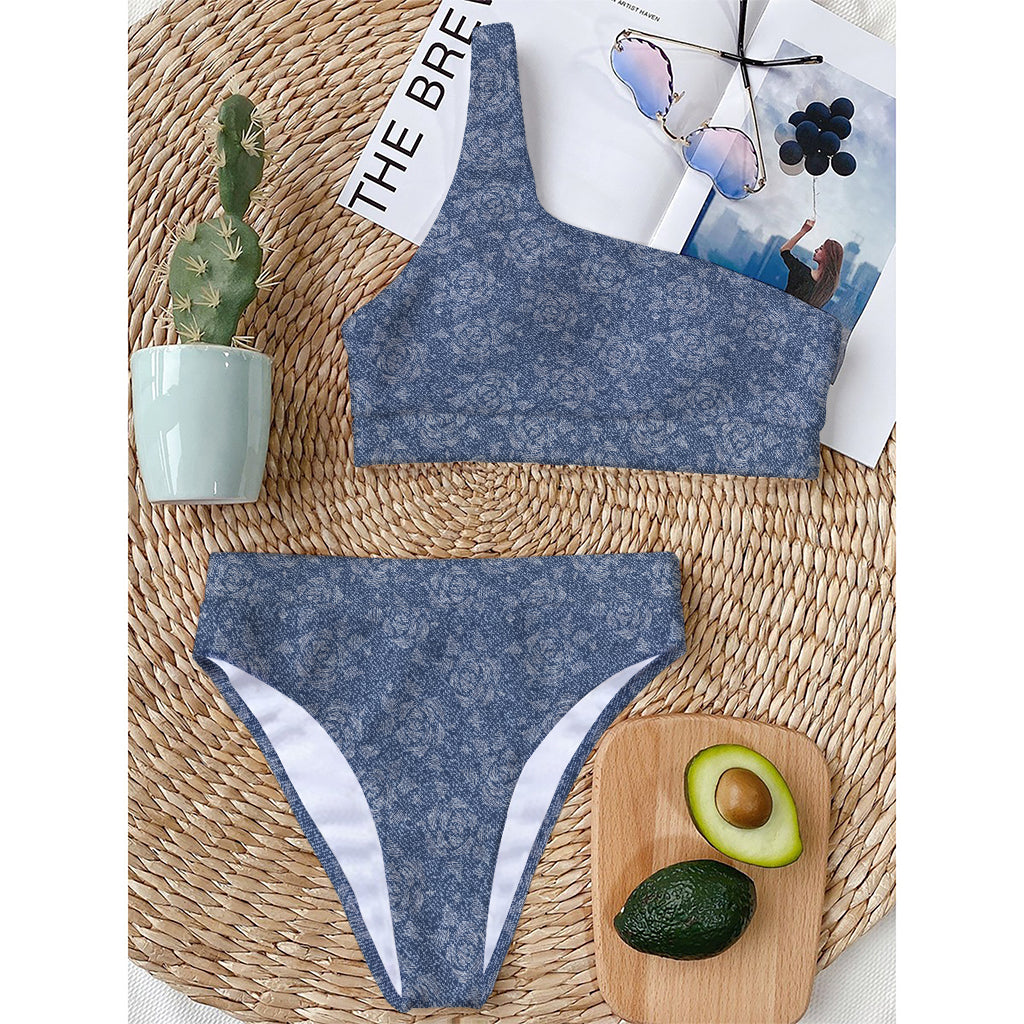 Rose Denim Jeans Pattern Print One Shoulder Bikini Top