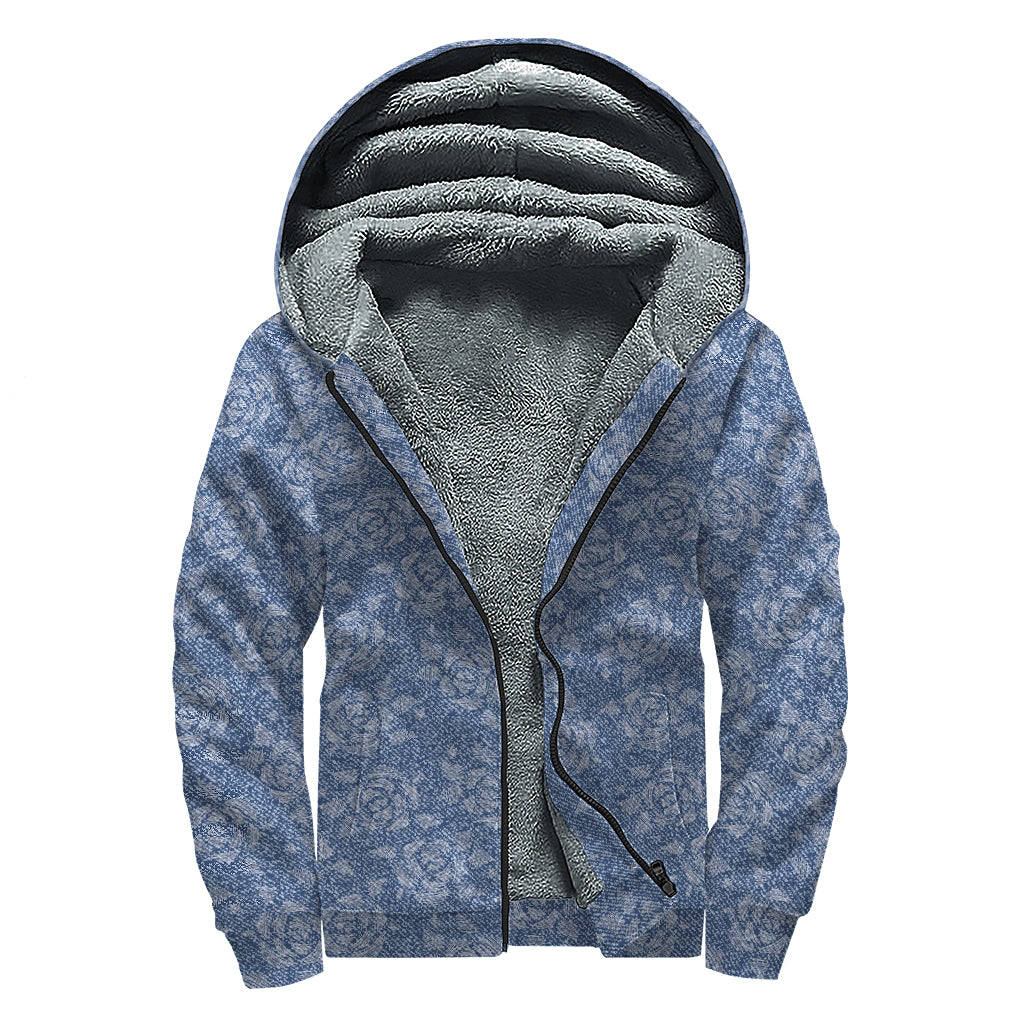 Rose Denim Jeans Pattern Print Sherpa Lined Zip Up Hoodie