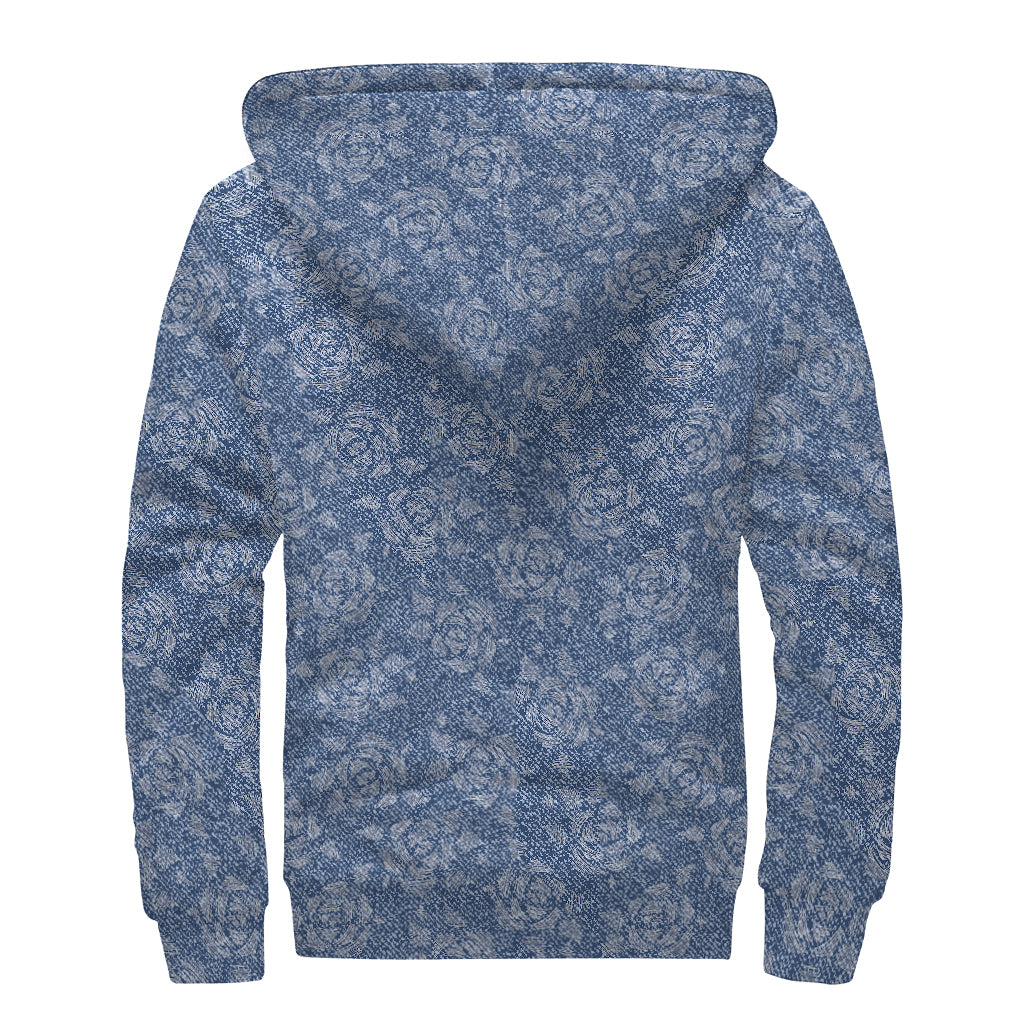Rose Denim Jeans Pattern Print Sherpa Lined Zip Up Hoodie