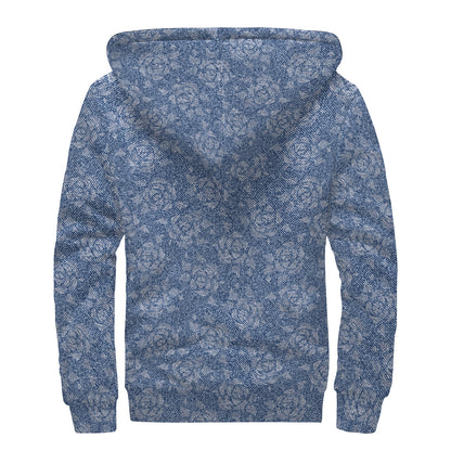 Rose Denim Jeans Pattern Print Sherpa Lined Zip Up Hoodie