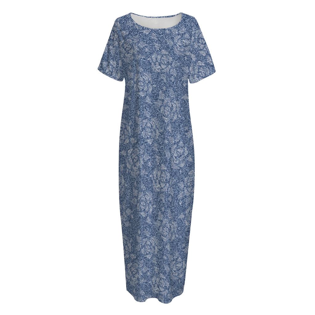 Rose Denim Jeans Pattern Print Short Sleeve Long Nightdress