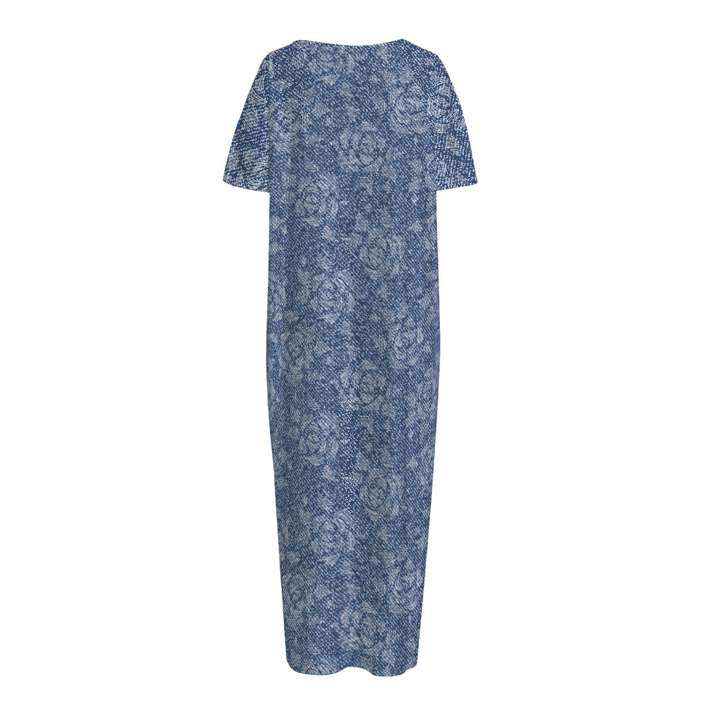 Rose Denim Jeans Pattern Print Short Sleeve Long Nightdress