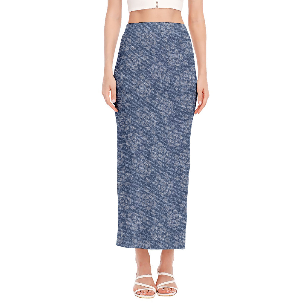 Rose Denim Jeans Pattern Print Side Slit Maxi Skirt