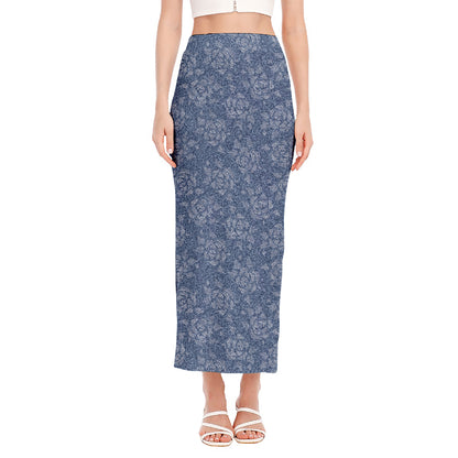 Rose Denim Jeans Pattern Print Side Slit Maxi Skirt