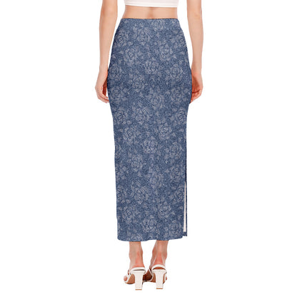 Rose Denim Jeans Pattern Print Side Slit Maxi Skirt