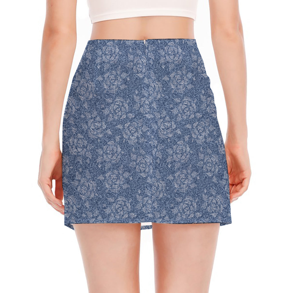 Rose Denim Jeans Pattern Print Side Slit Mini Skirt