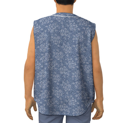 Rose Denim Jeans Pattern Print Sleeveless Baseball Jersey
