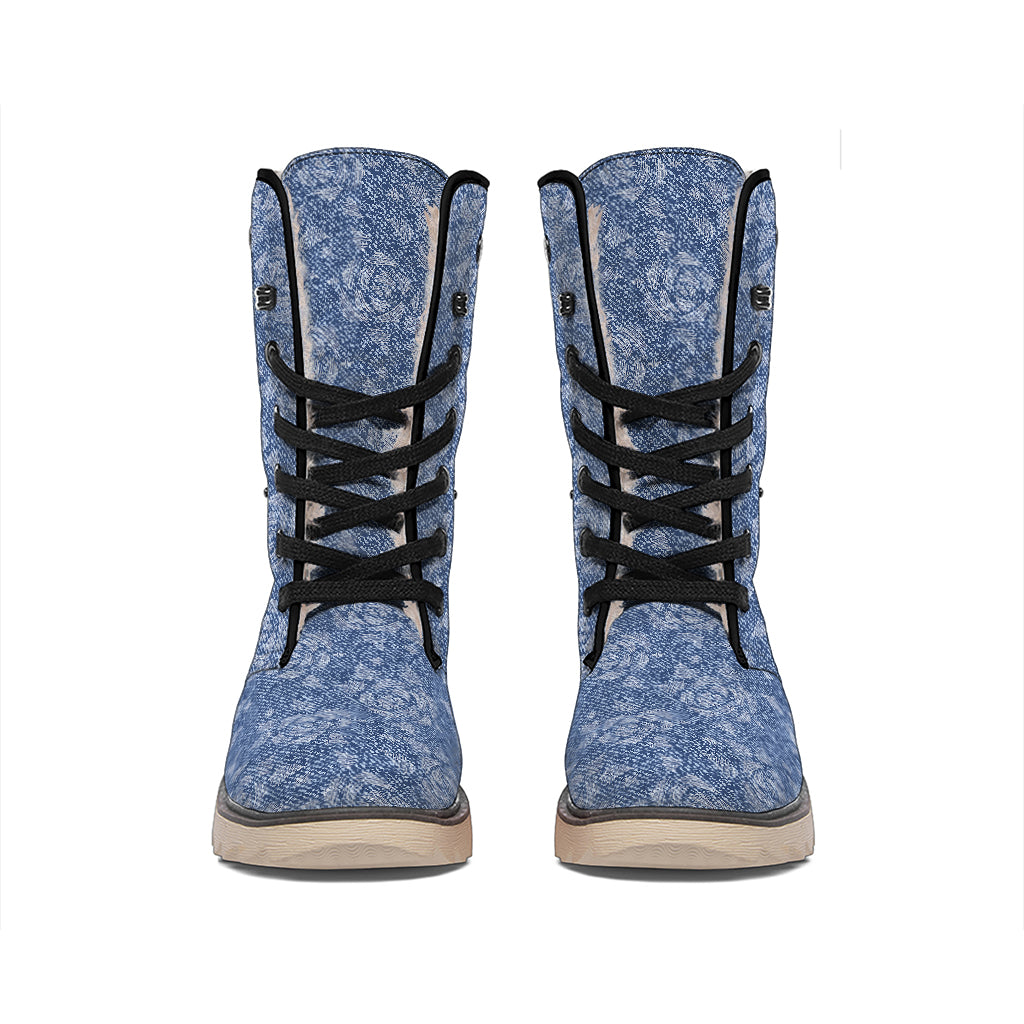 Rose Denim Jeans Pattern Print Winter Boots